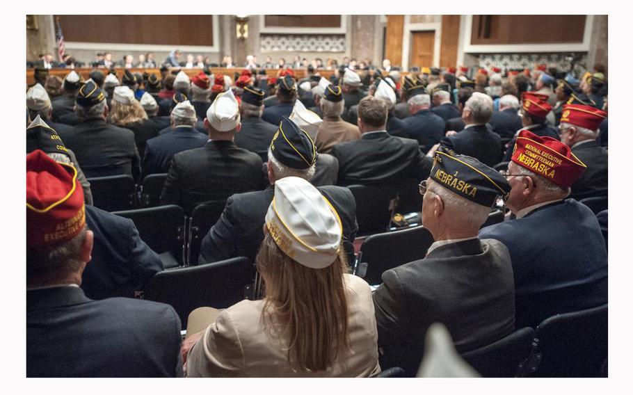 Veterans attend a presentation at the Capitol in Washington, D.C., on March 1, 2017, as lawmakers heard from American Legion representatives about veterans’ issues. 