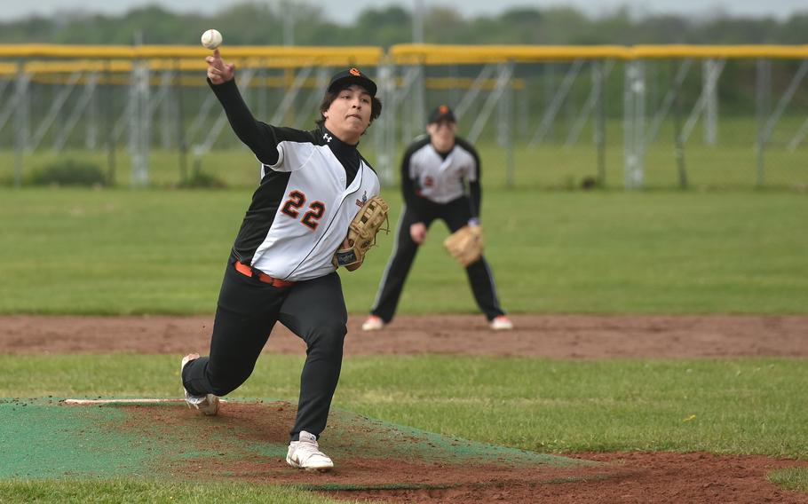 Spangdahlem pitcher Casey Supinger throws during Game One of a doubleheader against Wiesbaden on April 20, 2024, in Wiesbaden, Germany. 