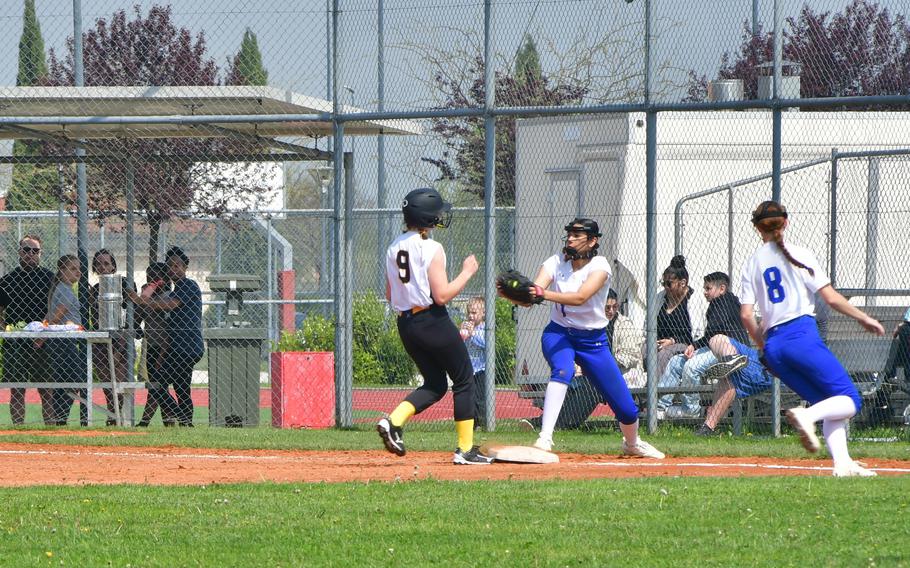 Alana Gaylani of the Rota Admirals attempts to tag out Jayden Stokes of the Vicenza Cougars as she advances to third base during the afternoon game between the teams on Caserma Del Din, Vicenza, Italy April 6, 2024.