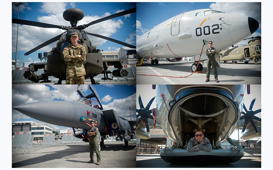 U.S. service members from the U.S. Navy, Army, Air Force, and Air National Guard pose with aircraft from their respective units at the Paris Air Show, which was held June 17-23, 2019.