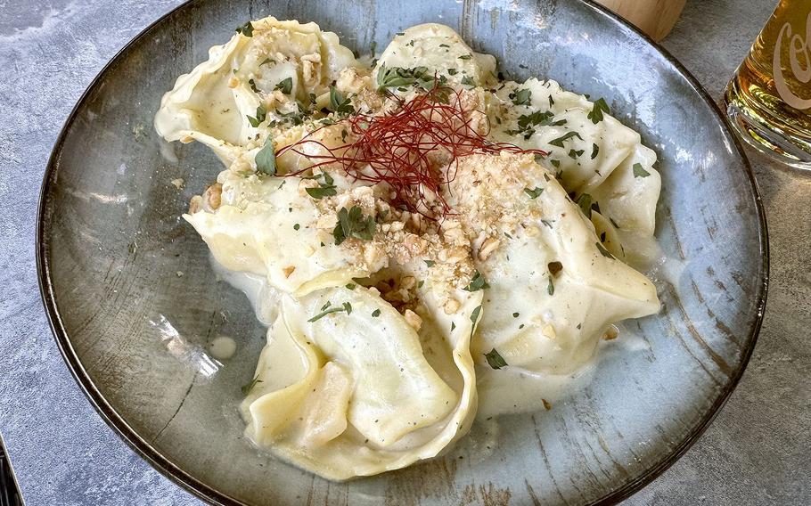 Pasta filled with ricotta and spinach and covered in a gorgonzola cream sauce. 