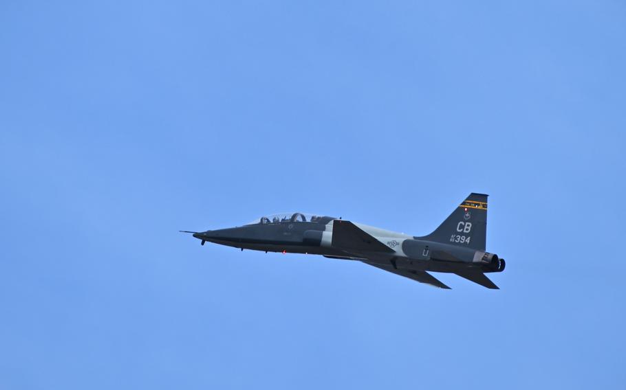 A T-38C flies over the flightline on Jan. 7, 2022, at Columbus Air Force Base, Miss.