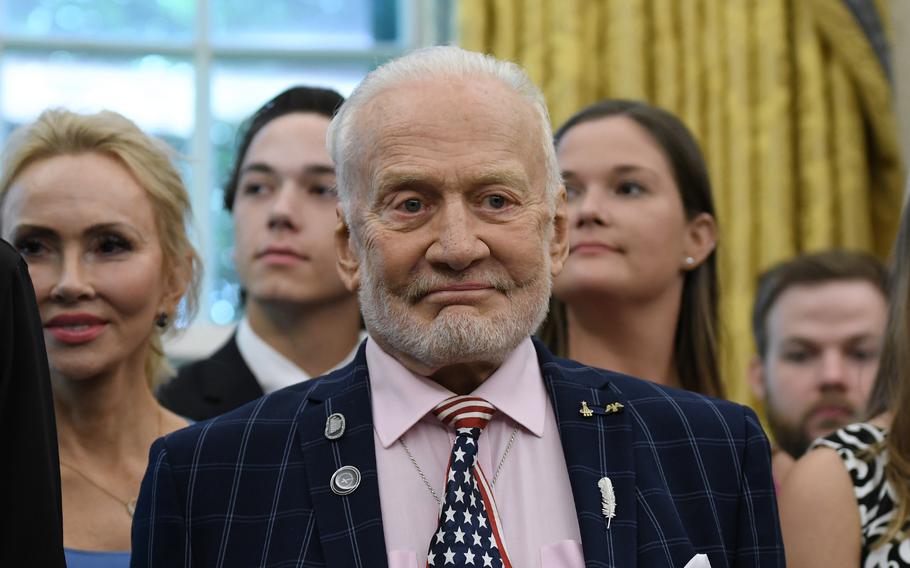 Apollo 11 astronaut Buzz Aldrin looks on during an event commemorating the 50th anniversary of the Apollo 11 Moon landing in the Oval Office of the Washington, D.C., on July 19, 2019. 