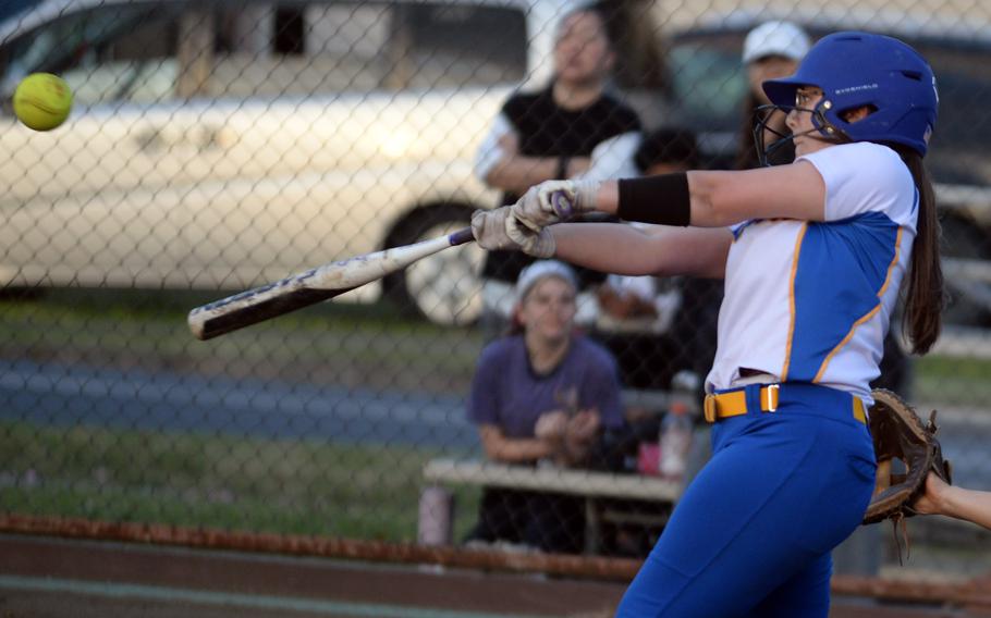 Yokota’s Adisen Jones makes contact against Zama during Tuesday’s DODEA-Japan softball game. The Panthers won 15-3.