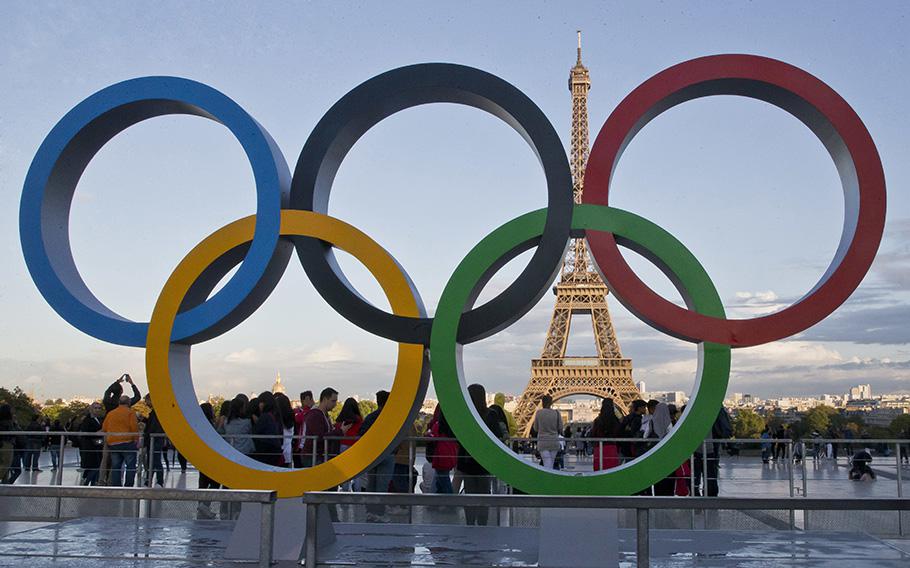 The Olympic rings are set up at Trocadero plaza that overlooks the Eiffel Tower in Paris on Sept. 14, 2017, a day after the official announcement that the 2024 Summer Olympic Games will be in the French capital.