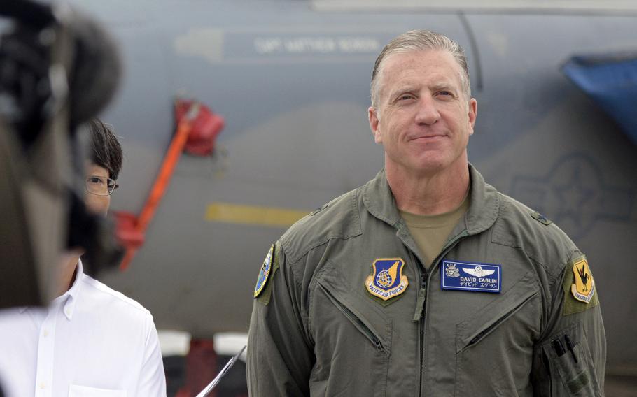 The commander of the 18th Wing, Brig. Gen. David Eaglin, commander of 18th Wing, speaks to reporters about America Fest at Kadena Air Base, Okinawa, Japan, Friday, April 21, 2023.