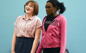 Aurora Cothran, left, and Ivy Edwards rehearse for "Mean Girls Jr." at Yokota High School on Yokota Air Base, Japan, April 24, 2024. 