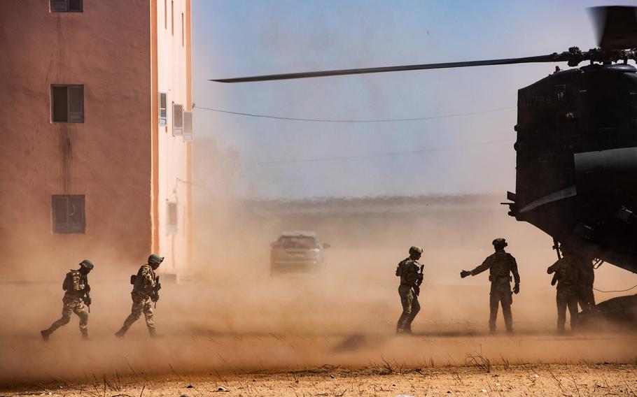 Moroccan armed forces train on fast rope insertion in Tifnit, Morocco, on June 14, 2021. Morocco is one of four countries co-chairing the Africa Focus Group within the Global Coalition to Defeat ISIS. 