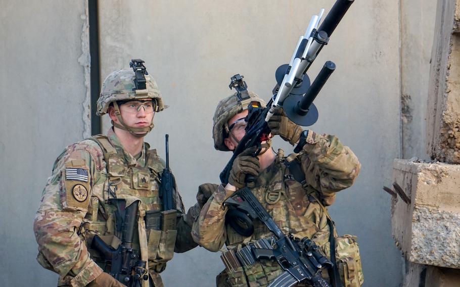 Troops from 1st Squadron, 3rd Cavalry Regiment, use the Drone Defender system during a counter-drone drill while deployed to Iraq, Oct. 30, 2018. Army Task Force 39 plans to test technologies such as anti-drone weaponry in the Middle East. 