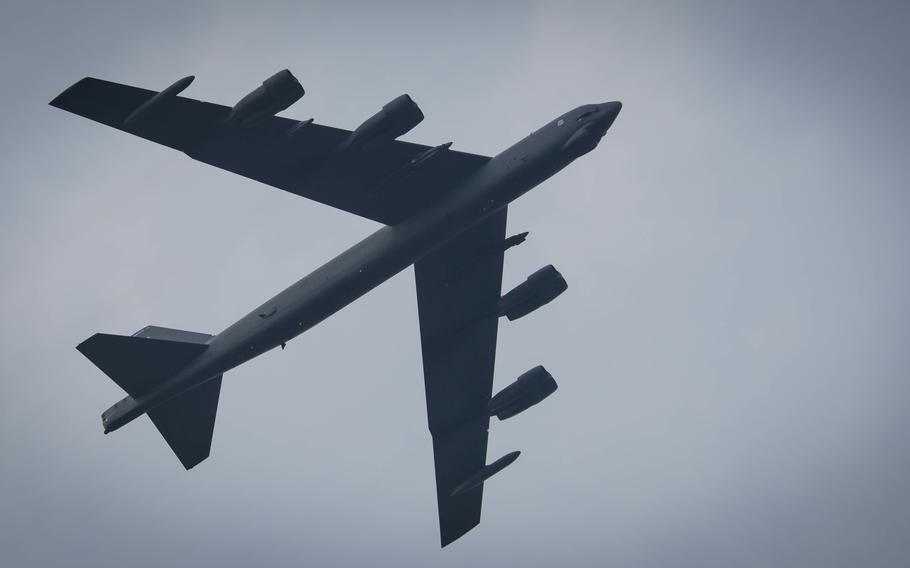 A B-52 Stratofortress flies over RAF Fairford, United Kingdom, Sept. 26, 2017. 