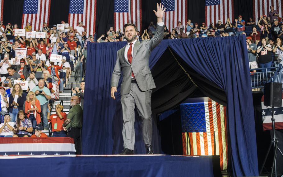 Ohio Senate candidate J.D. Vance speaks at rally with former president Donald Trump in Youngstown, Ohio, on Sept. 17, 2022. 