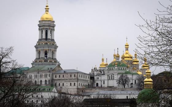 The Monastery of the Caves, also known as Kyiv-Pechersk Lavra, one of the holiest sites of Eastern Orthodox Christians, in Kyiv, Ukraine, Thursday, March 23, 2023. Tensions are on the rise at a prominent Orthodox monastery in Kyiv where the monks are facing eviction later this month. The Ukrainian government accuses the monks of links to Moscow, even though they claim to have severed ties with the Russian Orthodox Church following Russia's full-scale of invasion of Ukraine. (AP Photo/Efrem Lukatsky)