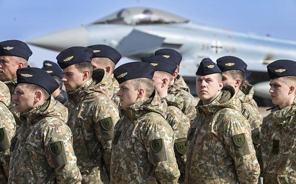 Lithuanian soldiers attend a celebration marking the 20th anniversary of the country’s NATO membership at the Siauliai airbase on March 28, 2024.