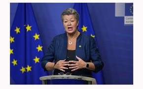 European Commissioner for Home Affairs Ylva Johansson addresses a media conference at EU headquarters in Brussels on Jan. 24, 2023. 