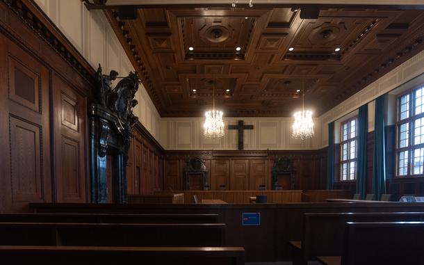 Courtroom 600 in the Palace of Justice in Nuremberg, Germany, hosted the proceedings of the International Military Tribunal, which convened in November 1945 to try senior Nazi officials.