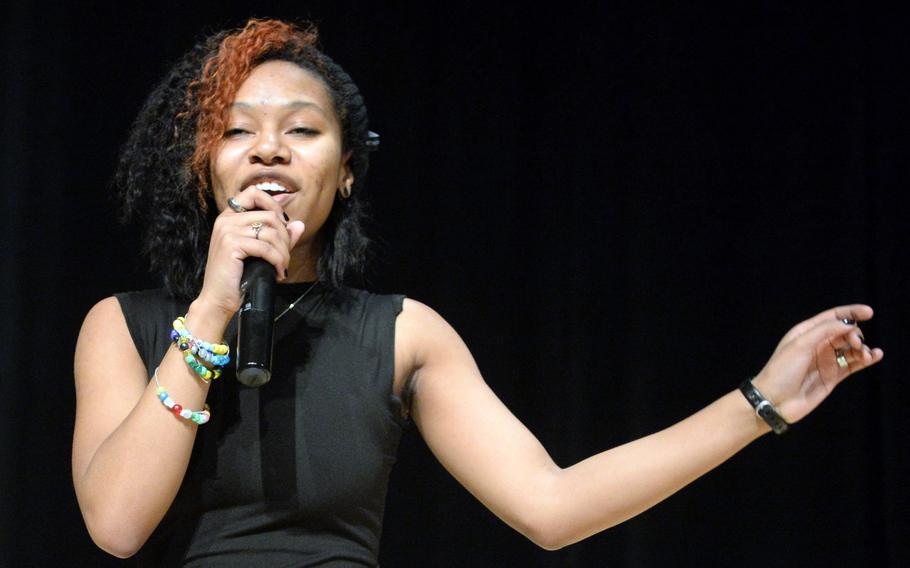 Cameron McMillan, a junior at Humphreys High School, performs a song from the musical "In The Heights," during the Far East Drama Festival at Camp Humphreys, South Korea, Feb. 9, 2023. 