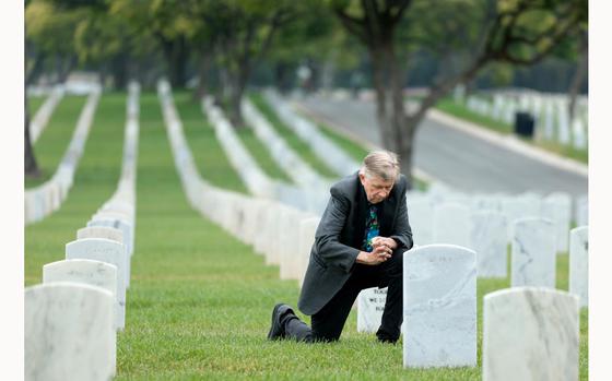 LOS ANGELES CALIFORNIA CALIFORNIA-Bob Zaugh visits the gravesite of federal Judge Harry Pregerson at Veterans Cemetery West Los Angeles. (Wally Skalij/Los Angeles Times)