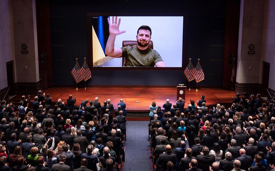 Ukrainian President Volodymyr Zelenskyy virtually addresses the U.S. Congress on March 16, 2022, at the US Capitol Visitor Center Congressional Auditorium, in Washington, D.C.