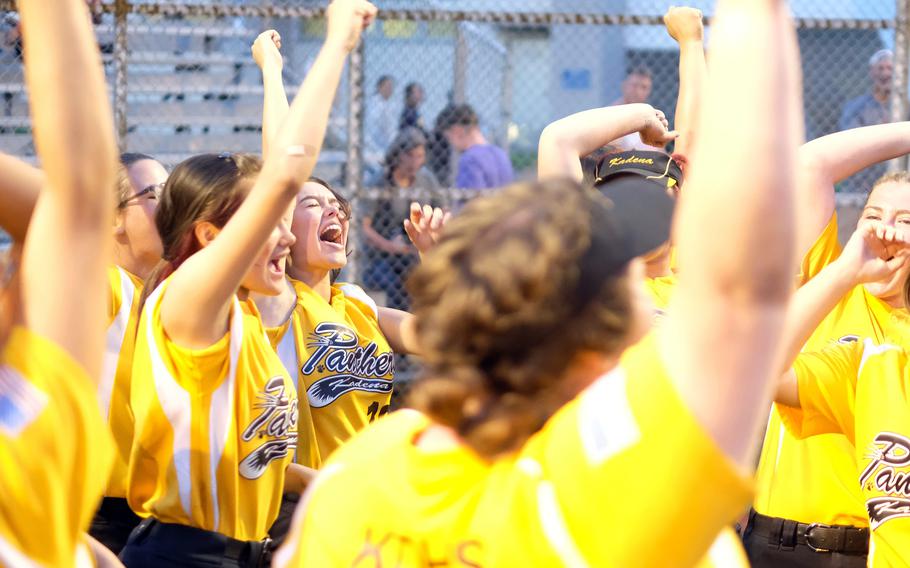 Kadena's softball team celebrates its title in the All-DODEA-Japan tournament. The Panthers beat Kubasaki in two finals games 17-7 and 13-6 to win the championship.