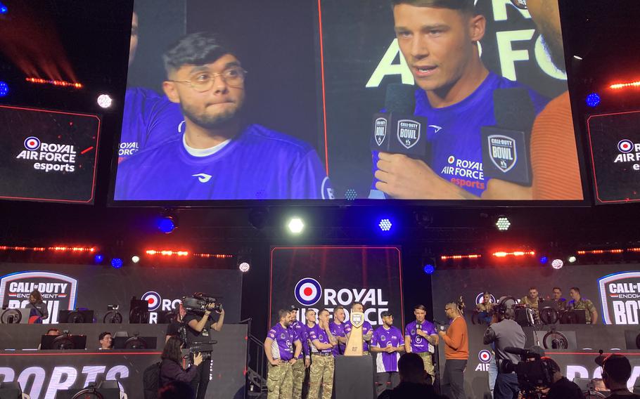The Royal Air Force esports team celebrates its victory in CODE Bowl III on Dec. 16, 2022, in Raleigh, N.C. The RAF defeated teams from each of the U.S. and U.K. military branches. 