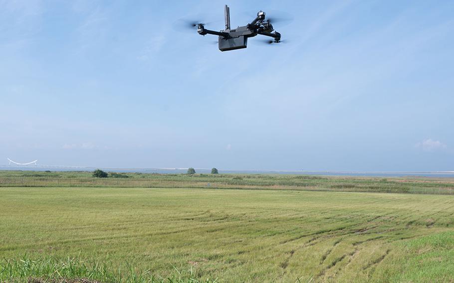 A Skydio X2 drone comes in for a landing at Kunsan Air Base, South Korea on Aug. 18, 2022.