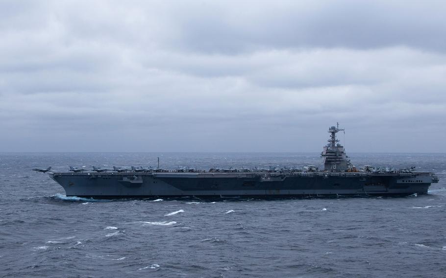 The aircraft carrier USS Gerald R. Ford transits the Atlantic Ocean while conducting flight operations Oct. 23, 2022.