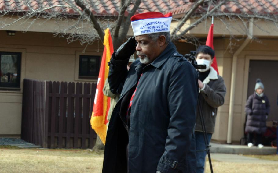 Ronald Davis, a former commander of Veterans of Foreign Wars Post 8180, salutes during a ceremony for those who fought in the Battle of Bayonet Hill, at Osan Air Base, South Korea, Feb. 2, 2023. 