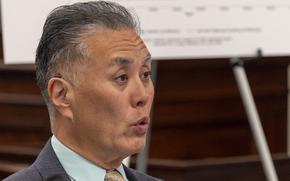 Rep. Mark Takano, D - Calif., speaks Tuesday, April 8, 2025, during a round table discussion hosted by Democratic Sen. Richard Blumenthal, D-Conn., and Takano on toxic exposures at U.S. military bases  in Washington. (Eric Kayne/Stars and Stripes)