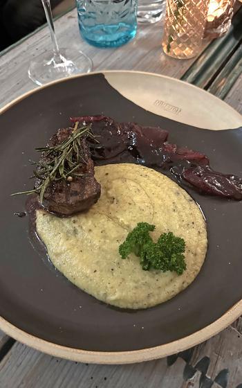 The beef filet is one of the more expensive main courses served  at Das Notstain in Amberg, Germany. It comes with a side of potato puree and a plum sauce. 