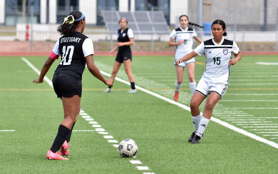Stuttgart’s Jedaiah Quinland, a defender, clears the ball from the Panthers side of the field during her team’s 7-0 win against SHAPE on Wednesday at Ramstein Air Base, Germany. The No. 2 seed Panthers shut out the Spartans 7-0 to earn a rematch against Ramstein on Thursday in the finals.