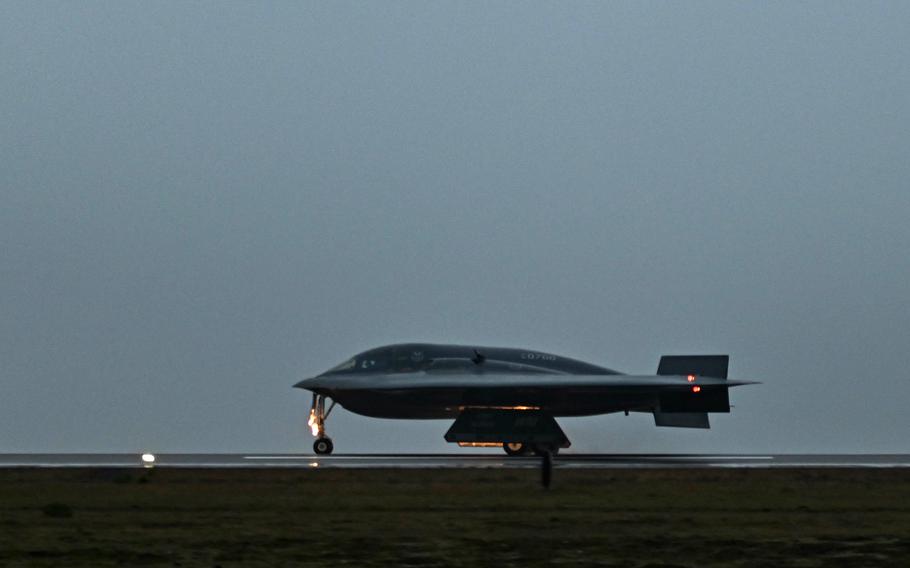 A B-2 Spirit stealth bomber rolls down the runway at Keflavik Air Base, Iceland, on Aug. 23, 2021.