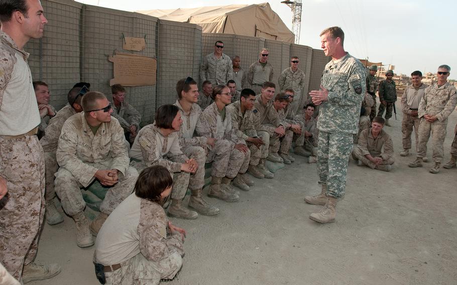 U.S. Army Gen. Stanley A. McChrystal addresses Marines of the 2nd Battalion, 2nd Marine Regiment at Combat Outpost Sharp in the Garmsir District of Helmand province. 