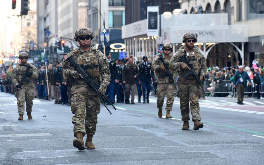 Soldiers with the New York National Guard’s 1st Battalion, 69th Infantry Regiment, 27th Infantry Brigade Combat Team, 42nd Infantry Division, lead the annual New York City St. Patrick’s Day Parade, Saturday, March 16, 2024.