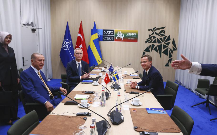  NATO Secretary General Jens Stoltenberg, center, Turkey President Recep Tayyip Erdogan, left, and Sweden Prime Minister Ulf Kristersson, right, during a meeting ahead of a NATO summit in Vilnius, Lithuania, on July 10, 2023. 