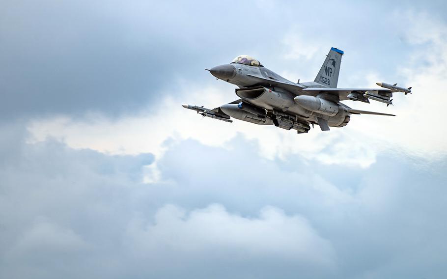 An Air Force F-16 Fighting Falcon takes off from Kunsan Air Base, South Korea, Sept. 27, 2023.