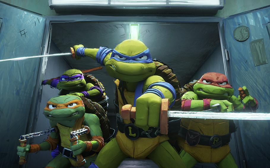 From left, Michelangelo, Donatello, Leonardo “Leo” and Raphael star in “Teenage Mutant Ninja Turtles: Mutant Mayhem,” now in select theaters on base.