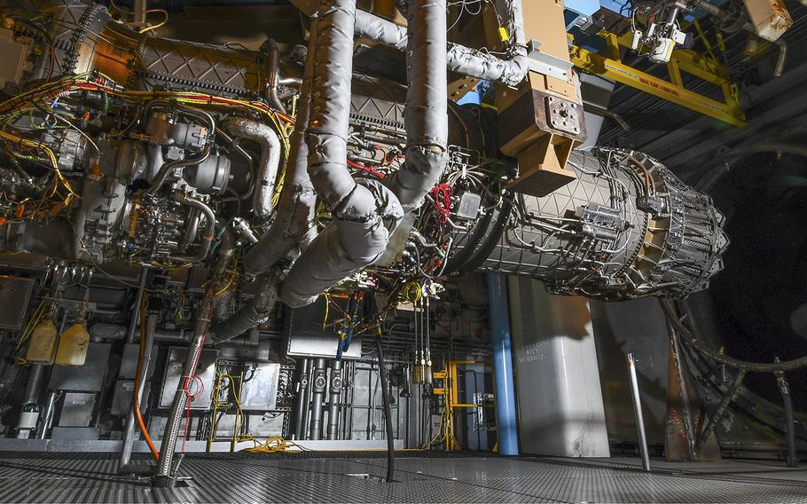 A Pratt & Whitney F135 engine undergoes accelerated mission testing in Sea Level Test Cell 3 at Arnold Air Force Base, Tenn., Nov. 15, 2021. The F135 is the engine used to power the F-35 Lightning II. 