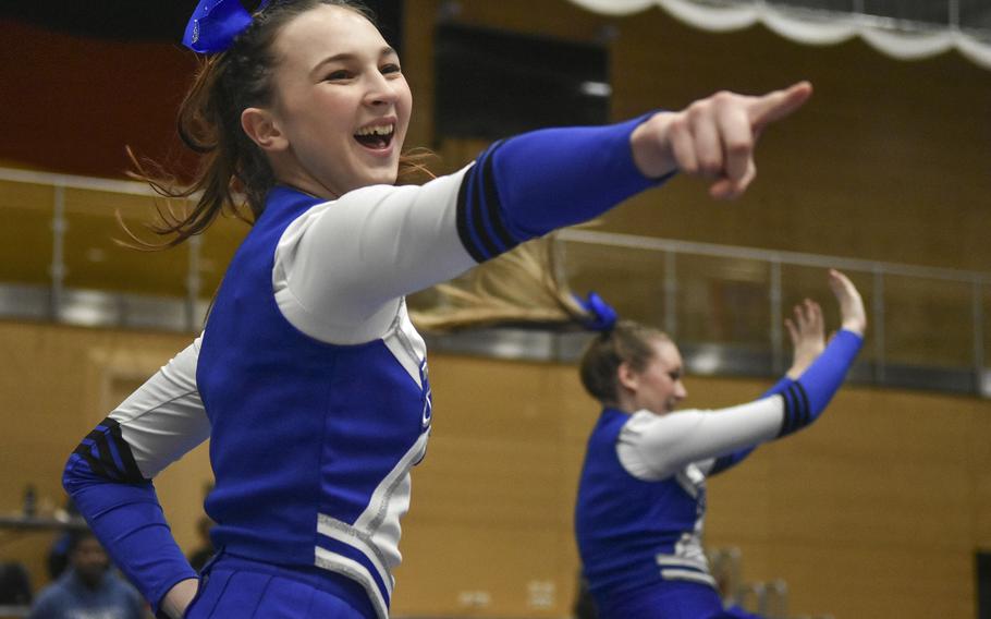 Lucia Martinez, a junior from Brussels, Belgium, shows spirit during the 2024 DODEA-Europe Cheerleading Championships in Wiesbaden, Germany on Friday, Feb. 16, 2024.