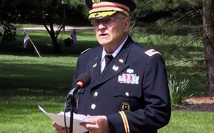 In this image captured from Hudson public access television, retired Army Lt. Col. Barnard Kemter gives a Memorial Day speech in Hudson, Ohio..