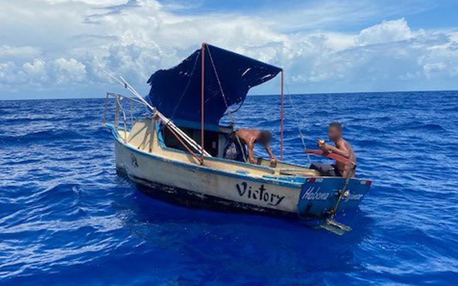 The Coast Guard stopped this vessel about 15 miles east of Key Largo, Aug. 7, 2021. Two Cuban migrants aboard were returned to Cuba. 