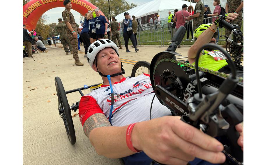 Navy veteran Jay McManus leaves as the winner of the Marine Corps Marathon push-rim race Oct. 29, 2023, in Arlington, Va. 