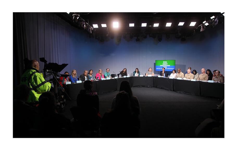 A community member asks a question during a meeting with elected members of the Community Representation Initiative in Honolulu, Hawaii, on Feb. 15, 2024. 