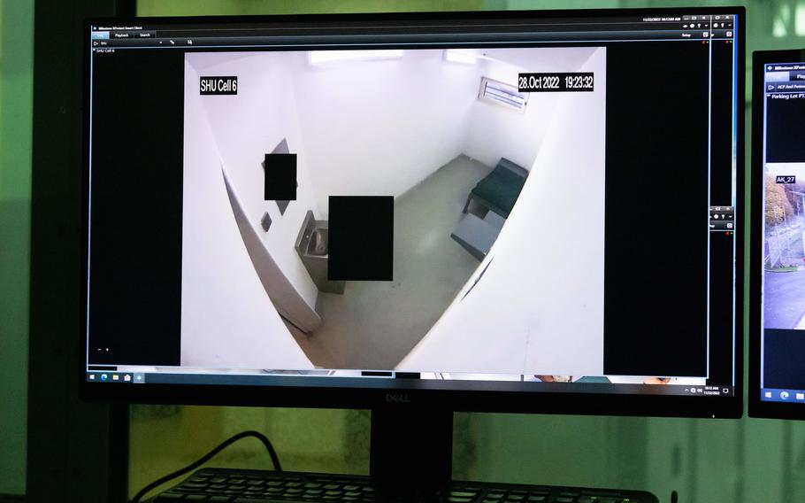 A computer in U.S. Army Regional Correctional Facility-Europes control room shows surveillance footage of a special housing unit cell, with blacked-out areas that are programmed in to provide privacy when inmates use the toilet.