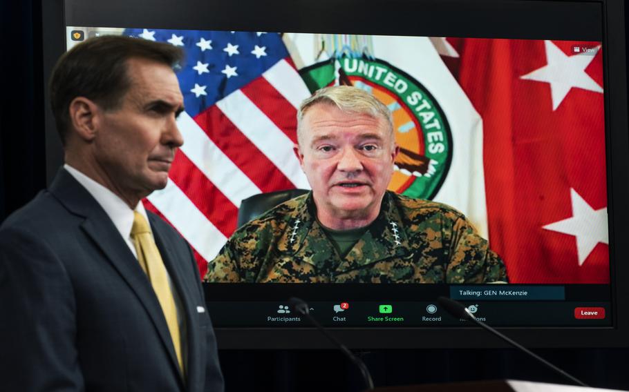 Commander of U.S. Central Command Gen. Frank McKenzie appears on screen from MacDill Air Force Base, in Tampa, Fla., where he spoke about Afghanistan on Aug. 30, 2021, during a virtual briefing moderated by Pentagon spokesman John Kirby at the Pentagon. The Pentagon retreated from its defense of a drone strike that killed multiple civilians in Afghanistan last month, announcing Friday, Sept. 17, that only civilians were killed in the attack, not an Islamic State extremist as first believed.