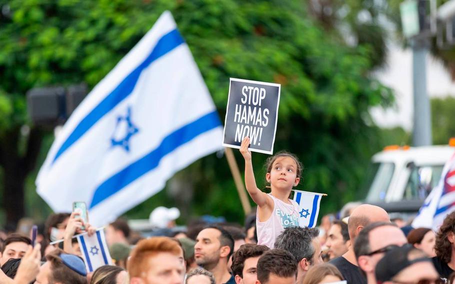 People attend a rally in solidarity with Israel at the Holocaust Memorial on Oct. 10, 2023, in Miami Beach, Fla. 