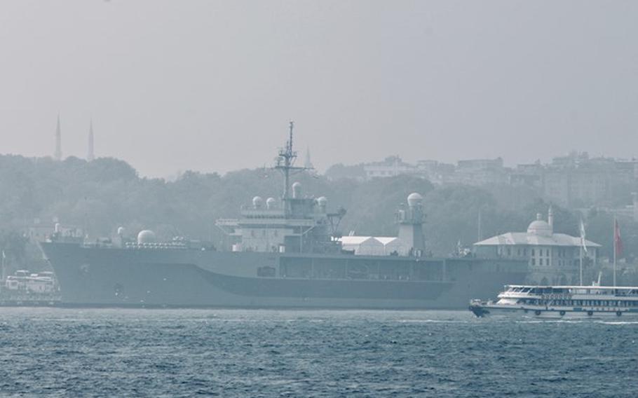 The USS Mount Whitney sighted portside in Istanbul, Nov. 2, 2021. The  Blue Ridge-class amphibious command ship will join the USS Porter to maintain safety and stability in the region, Navy officials said.