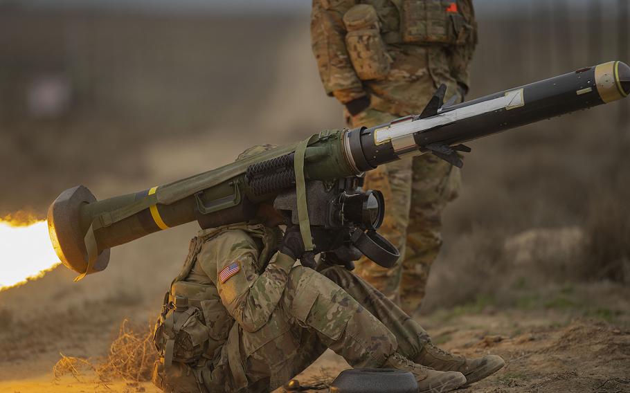 A soldier from the Idaho Army National Guard fires a Javelin anti-tank missile at the Orchard Combat Training Center ranges in Idaho, March 27, 2022.