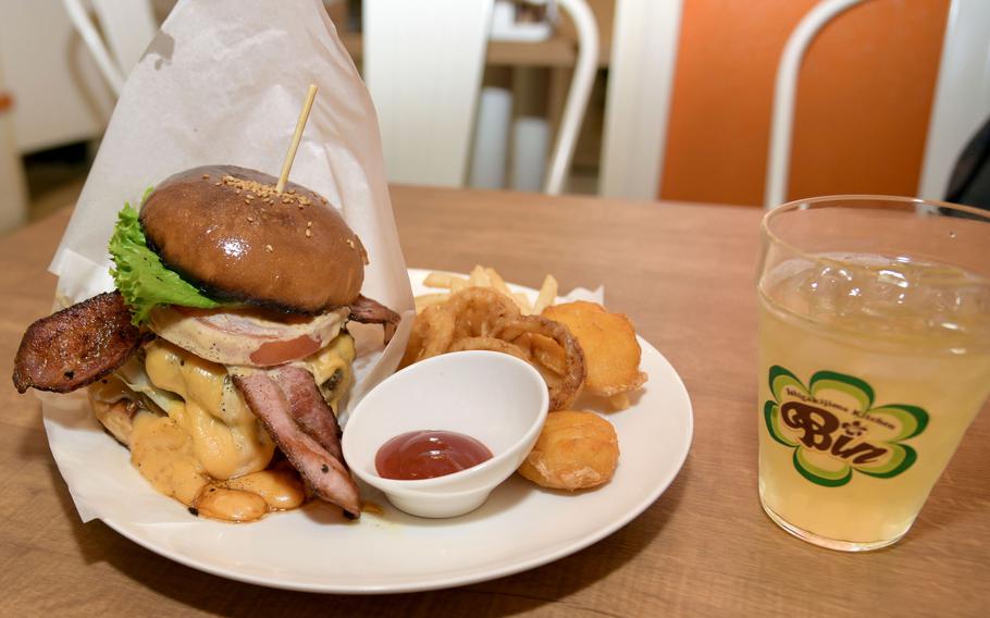 The double bacon cheeseburger meal set from Ishigaki Island Kitchen Bin, a luxury burger spot in Chatan town, Okinawa.