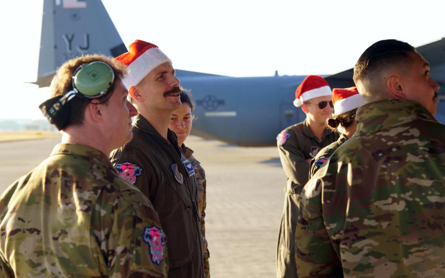 A C-130J Super Hercules crew prepares to take off from Yokota Air Base, Japan, for Operation Christmas Drop, Monday, Nov. 27, 2023. The humanitarian-aid mission serves remote islanders in the Federated States of Micronesia and Republic of Palau.