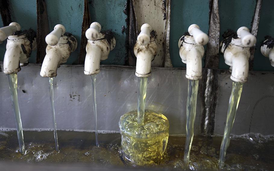 Liquid extracted from recycled cooking oil fills a glass at a facility in China. 